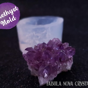 Könnte beinhalten: Nahaufnahme eines Clusters aus tiefvioletten Amethystkristallen vor einer transparenten, zylindrischen Form. Der Text "Amethyst Mold" befindet sich in einem lila Kreis oben links. Der Text "FABULA NOVA CRYSTALLIS" steht unten.