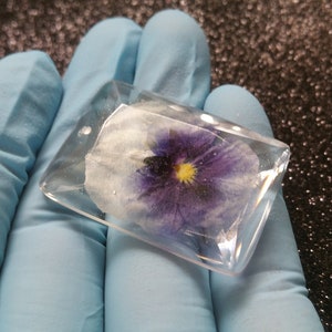 K&ouml;nnte beinhalten: Ein klarer, rechteckiger Harzanh&auml;nger mit einer gepressten lila-wei&szlig;en Stiefm&uuml;tterchenblume. Die gelbe Mitte der Blume ist sichtbar. Der Anh&auml;nger wird in einer behandschuhten Hand gehalten.