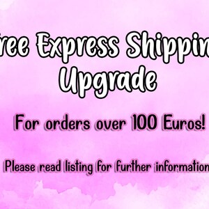K&ouml;nnte beinhalten: Eine rosa-wei&szlig;e Grafik mit dem Text "Free Express Shipping Upgrade" in einer verspielten Schriftart. Darunter steht "For orders over 100 Euros!" und "Please read listing for further information."