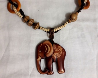 Large wooden elephant pendant Brown wood boho necklace Indian ethnic jewelry Hippie charm necklace Yoga protection Arfican safary jewelry