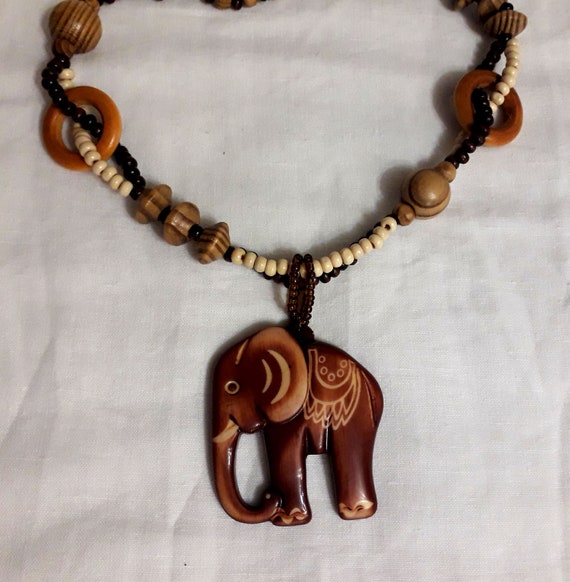 Large wooden elephant pendant Brown wood boho neck
