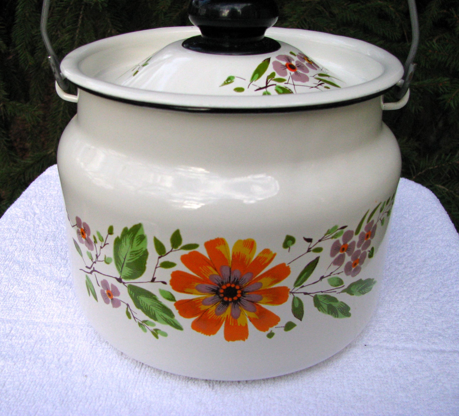 Vintage Enamel Milk Can White Metal Canister With Blue Flowers Etsy