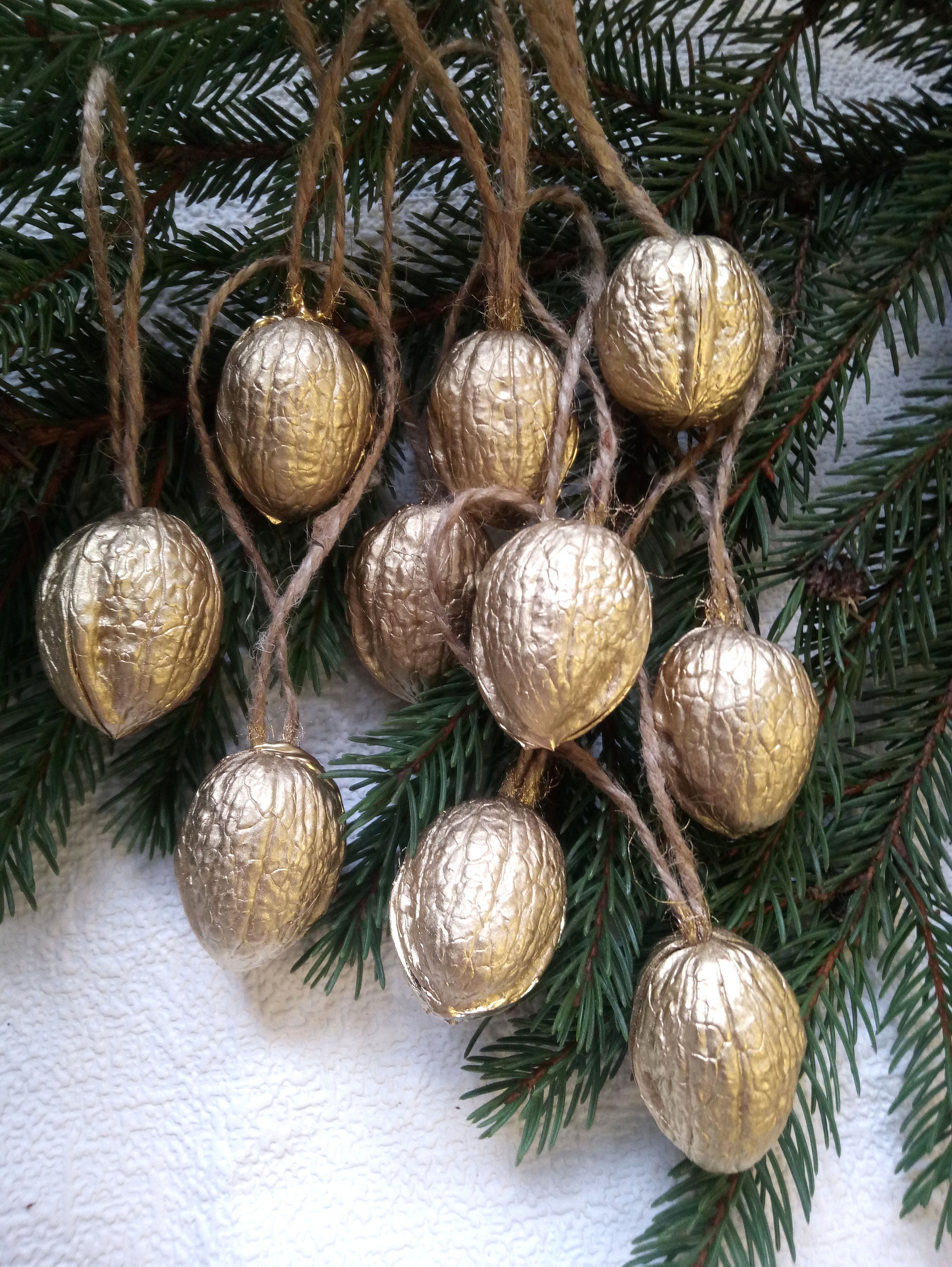 7 Christmas Walnut Ornaments Golden Silver Nuts Eco Friendly
