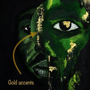 May include: Abstract painting of a face with a green eye and gold accents. The eye is highlighted with a magnifying glass. The artist's signature, L. Wolfries, is in the bottom right corner.
