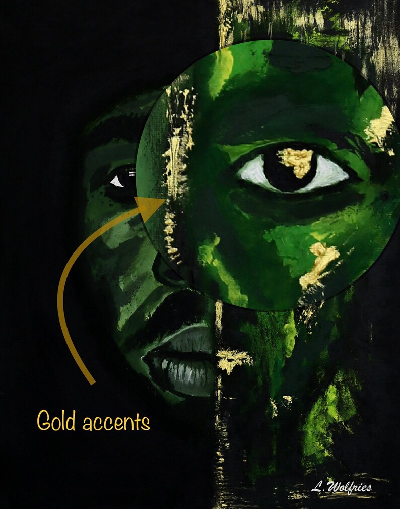 May include: Abstract painting of a face with a green eye and gold accents. The eye is highlighted with a magnifying glass. The artist's signature, L. Wolfries, is in the bottom right corner.