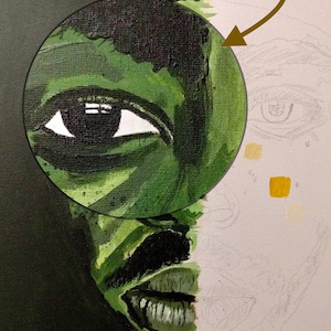 May include: A close-up of a painting in progress, showing the eye and mouth of a person. The left side of the painting is complete, with green and black paint, while the right side is still in progress, with a light gray background and a pencil outline of the face. The text "Multiple layers and for added texture and depth" is visible at the top of the image.