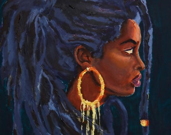 Black Woman Gold Earring Art Poster of Fine Art Painting