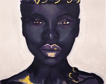 Black woman in gold crown with pink flowers, print of original acrylic painting