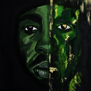 Black Culture Portrait Wall Art Print - Green and Gold accents Intense and Moody Painting of Young Man