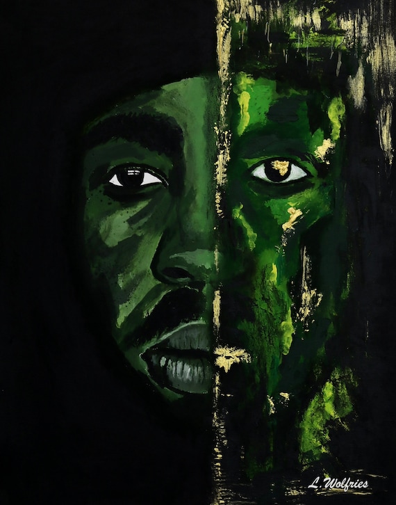 Black Culture Portrait Print: Green and Gold Jamaican Art