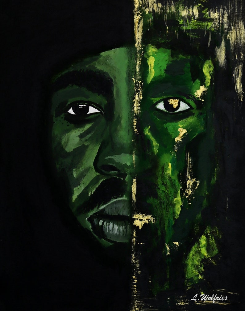 May include: A painting of a person's face, split in half. The left side is painted in shades of green, while the right side is a dark green with gold accents. The person's eyes are open and looking directly at the viewer. The painting is signed "L. Wolfries" in the bottom right corner.