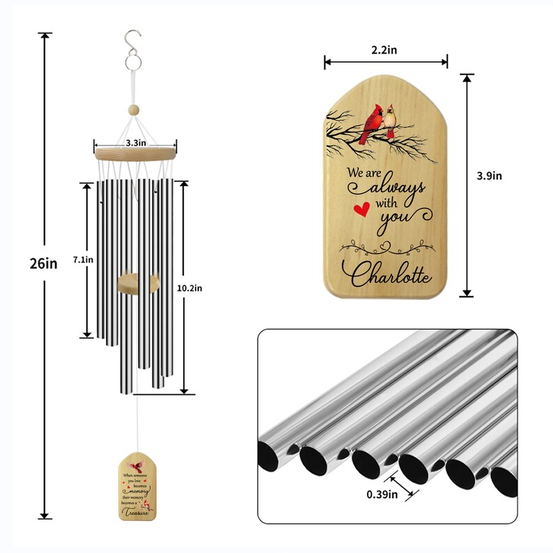 Personalized Cardinal Wind Chimes Outdoor,26 Inch Memorial Wind Chime Deep Tone,sympathy wind chimes personalized,memorial windchimes image 4