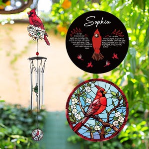 Personalized Memorial Cardinal Wind Chimes, Custom Red Bird Wind Chimes, In Loving Memory Remembrance Sympathy Bereavement Funeral Gift