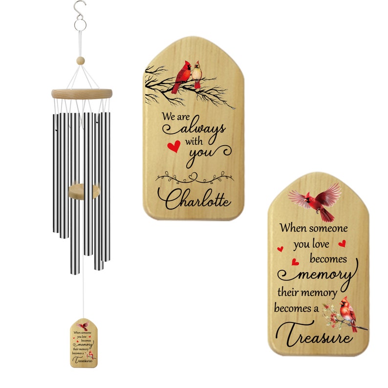 Personalized Cardinal Wind Chimes Outdoor,26 Inch Memorial Wind Chime Deep Tone,sympathy wind chimes personalized,memorial windchimes image 1