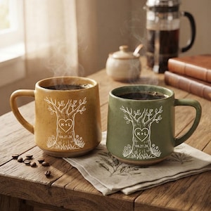 May include: Two ceramic mugs, one mustard yellow and one sage green, each featuring a white line-art tree design with a heart containing the letters K+L and the date 08.27.26. Both mugs are filled with dark coffee and emit visible steam.