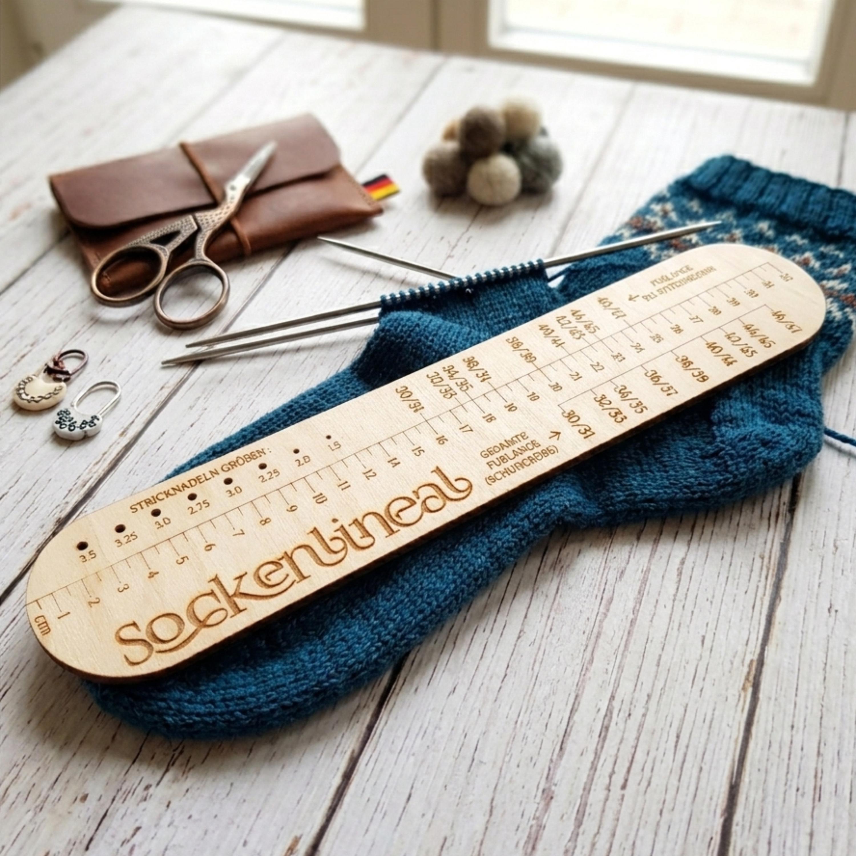 Wooden Sock Ruler - Knitting Gauge Tool with Needle Sizer, EU/UK/US Sizes