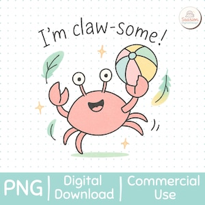Niedliche Krabbe Wasserball PNG | „I’m Claw-some“ Zitat | Lustige Cartoon Kunst | Pastell Clipart |PNG | Sofort Download