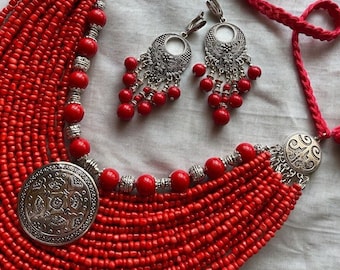 SET Folk Necklace + Earrings Red Ukrainian Traditional Coral Jewellery Ethnic Necklace Beads Ukrainian Folk Costume Folklore Art Gift Idea