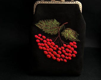 Embroidered Viburnum Clutch, Ukrainian Eco-Suede Bag