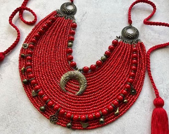 Red Bead Folk Necklace Ukrainian Namysto, Lunnitsa Pendant, Gift for Her
