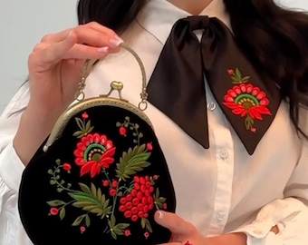 Embroidered Viburnum Clutch, Ukrainian Folk Art Bag