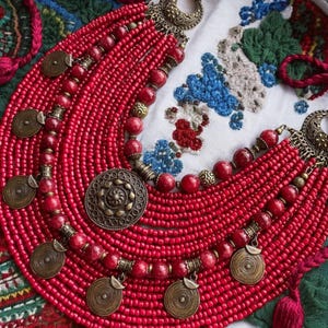 SET Red Ukrainian Traditional Necklace, Beaded Necklace + Strings with Pendants Folk Costume Ethnic Jewelry Multirow Necklace of Glass Beads