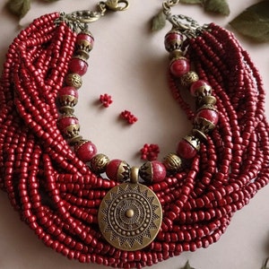Folk Necklace Red Ukrainian Traditional Glass Beads Jewellery Ethnic Necklace Beads Ukrainian Folk Costume Folklore Art Gift for Women