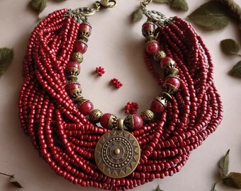 Folk Necklace Red Ukrainian Traditional Glass Beads Jewellery Ethnic Necklace Beads Ukrainian Folk Costume Folklore Art Gift for Women