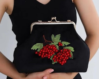 Embroidered Rowan Berry Clutch Purse, Black Velvet Kiss Lock Evening Bag