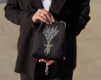 Embroidered Lavender Black Clutch Bag, Ukrainian Folk Art Purse