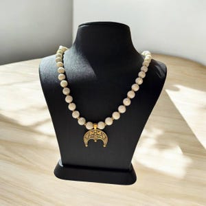 Authentic White Ukrainian Traditional Necklace Jewelry Mother of Pearl Ethnic Necklace of Handmade Brass Moon Gift for Her Gift for Wife