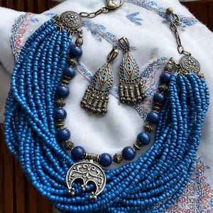 SET Blue Ukrainian Necklace + Earrings Traditional Ethnic Jewelry for Women Beads Necklace Ethnic Multirow Necklace of Glass Beads Folk Art