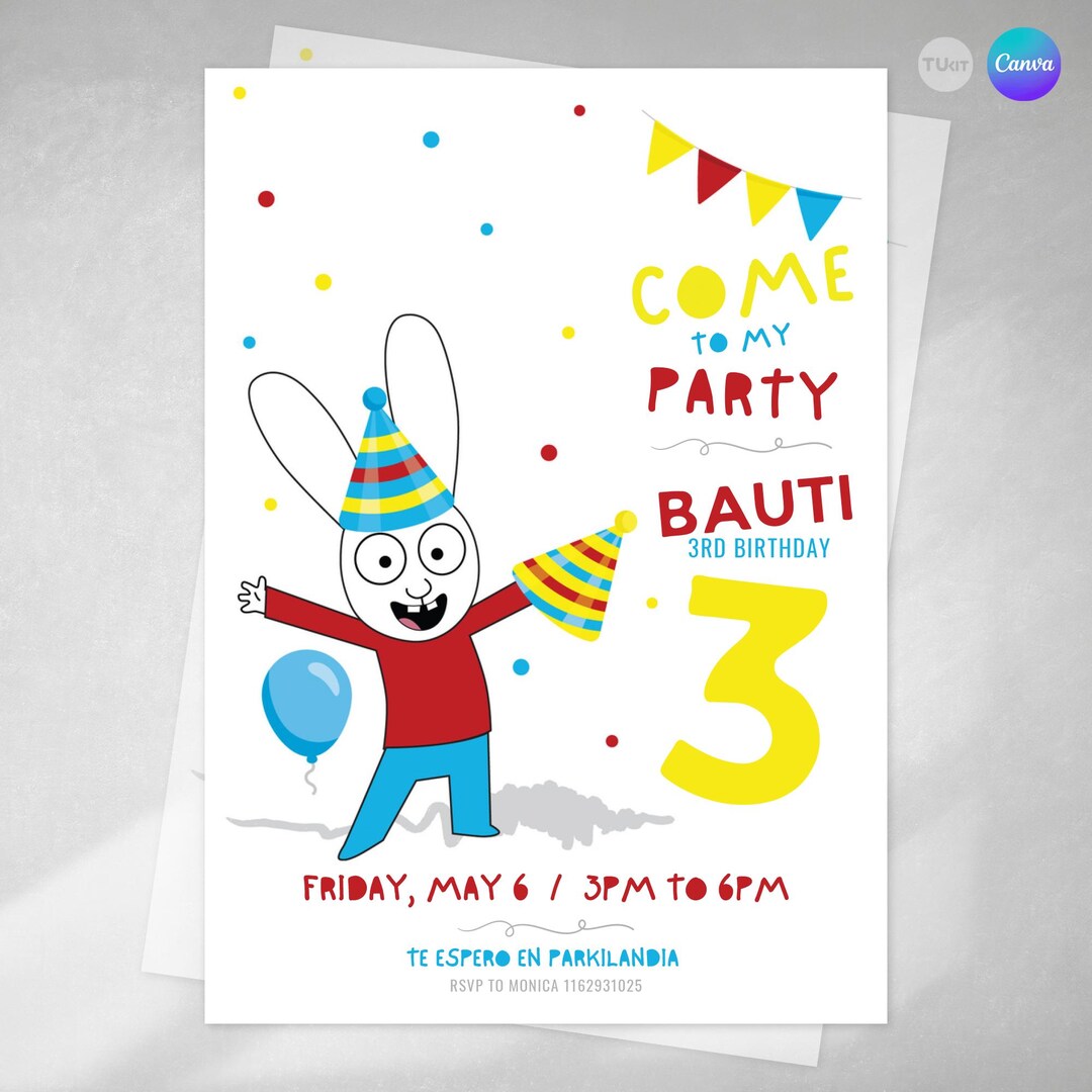 Simon The Rabbit Invitation Simon the Rabbit Invitation With a Bonnet, Editable Text in Canva ...