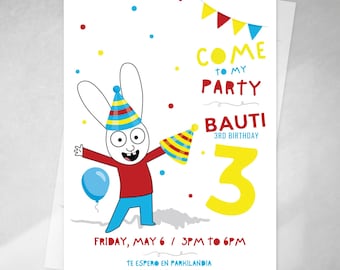Simon the rabbit invitation with a bonnet, editable text in Canva, Tukit rabbit invitations