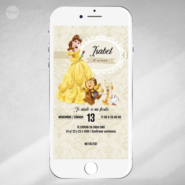 Digital Birthday invitation, princess beauty invitation, beauty and the beast, digital invite