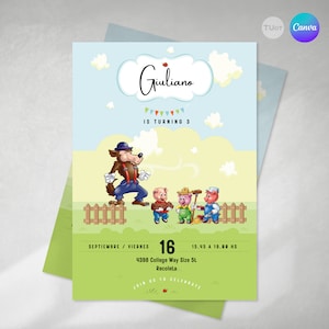 Invitacion editable, invitación cuento infantil, invitaciones cumpleaños tres cerditos, invitacion lobo, tres cerditos lobo