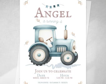 Watercolor blue tractor invitation, editable text on Canva, birthday invitations