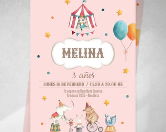 Editable Canva invitation, circus animals, circus party, pink circus animals, Tukit