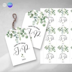 Printable eucalyptus tag, editable canva text, green leaves, card, tukit favor label