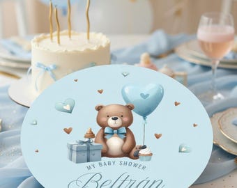 Printable circles, light blue watercolor bear, editable text, Canva, circle 5cm 10cm Tukit
