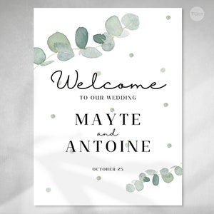 Printable wedding poster, wedding poster 18x24 inches, welcome poster, eucalyptus leaves, customizable canva, printable tukit