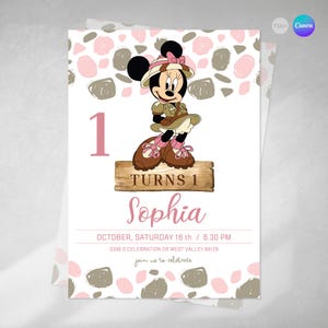 Bearbeitbare Einladung, Minnie Safari Einladung, Geburtstagseinladungen, Minnie Safari, bearbeitbarer Text Canva