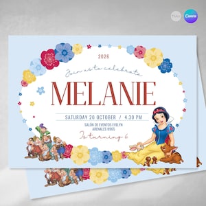Invitación horizontal A5, texto editable canva, blancanieves, invitacion de cumpleaños, princesa blanca nieves, tarjeton foto tukit