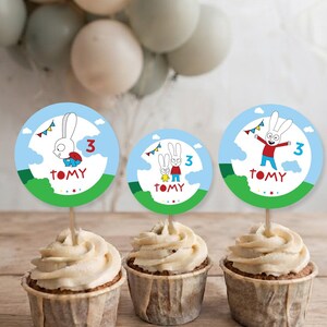 Cupcake topper, Simon the Rabbit, editable text Canva Tukit image 1