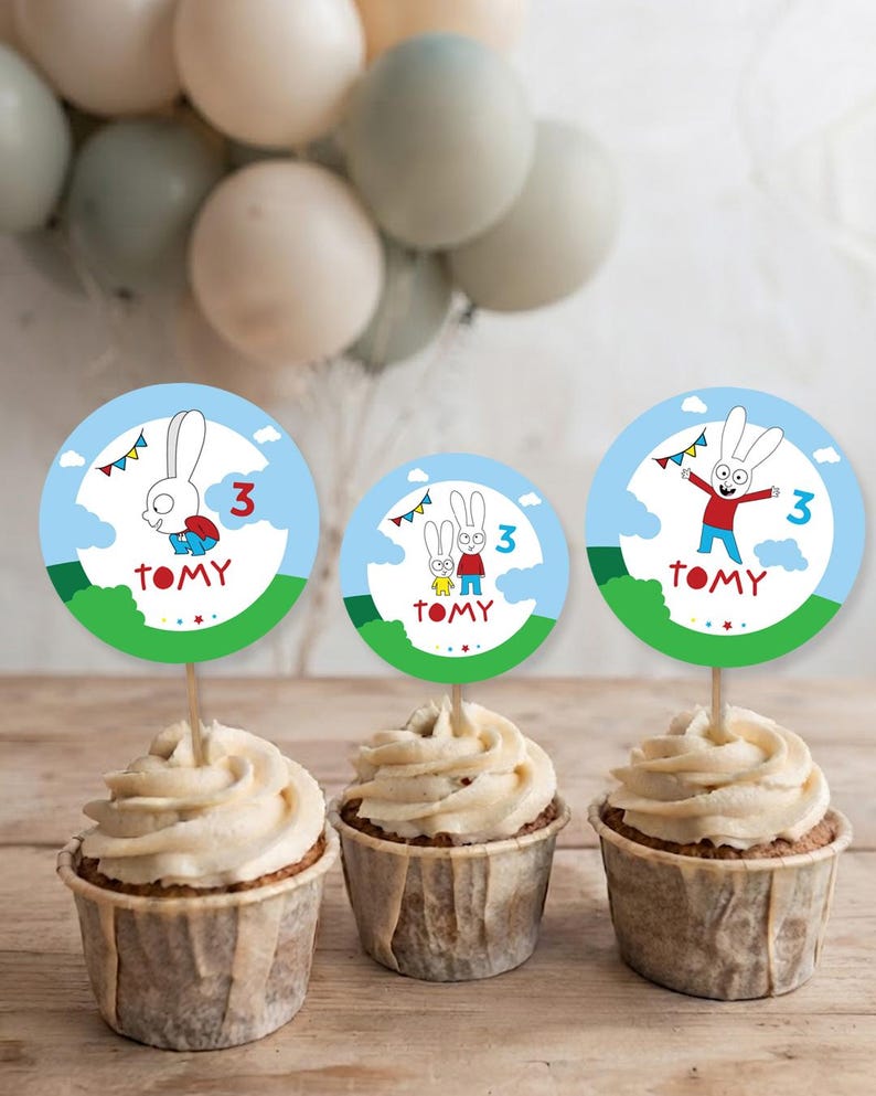 Cupcake topper, Simon the Rabbit, editable text Canva Tukit image 1