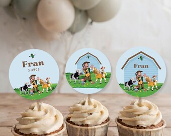 Cupcake topper, farm animals, light blue Zenon, editable text Canva Tukit