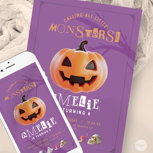 Puede incluir: Una tarjeta de invitación morada y un teléfono inteligente con el mismo diseño, que muestra una calabaza naranja en 3D, el texto CALLING ALL LITTLE MONSTERS, AMELIE IS TURNING 6 y varios iconos de Halloween como una calavera.