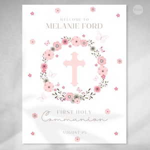 Poster imprimible communion, cartel para comunion 18x24 inches, cartel de bienvenida, personalizable canva, flores rosas, flowers tukit