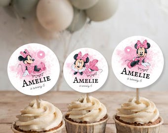 Cupcake topper, watercolor minnie, editable text canva tukit