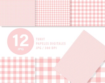 Pink-gray gingham digital papers, grid pattern, 300 dpi JPG images Tukit